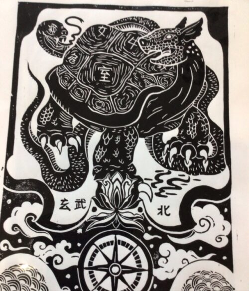 Amelia Fulton. Black Tortoise Of The North. Linocut print on paper