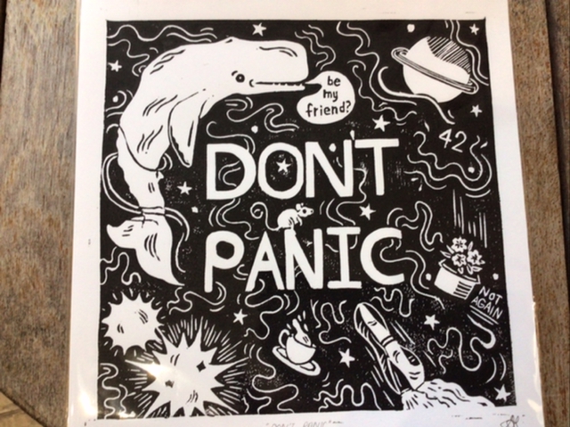 Amelia Fulton. Don’t Panic. Linocut print on paper