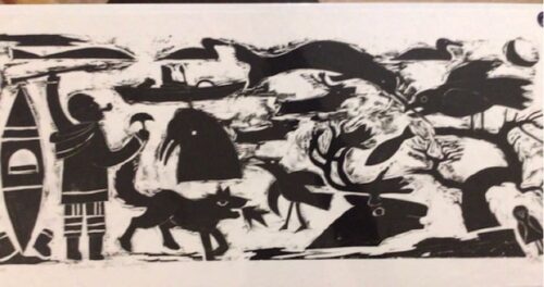 Peter Fox. Pitseolak Goes Hunting, limited edition woodcut print