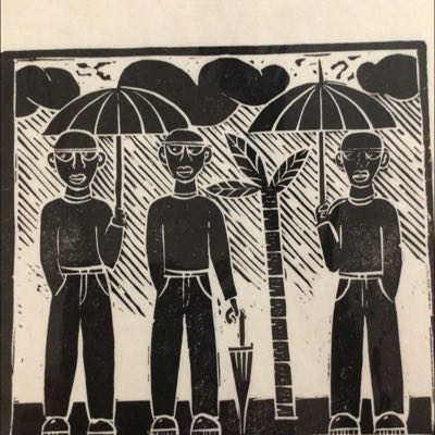 Three Men In The Rain, woodcut by Peter Fox