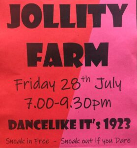 black lettering on red poster advertising Jollity Farm event