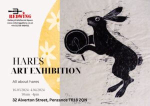 Exhibition poster with image of a woodcut hare beating a drum.