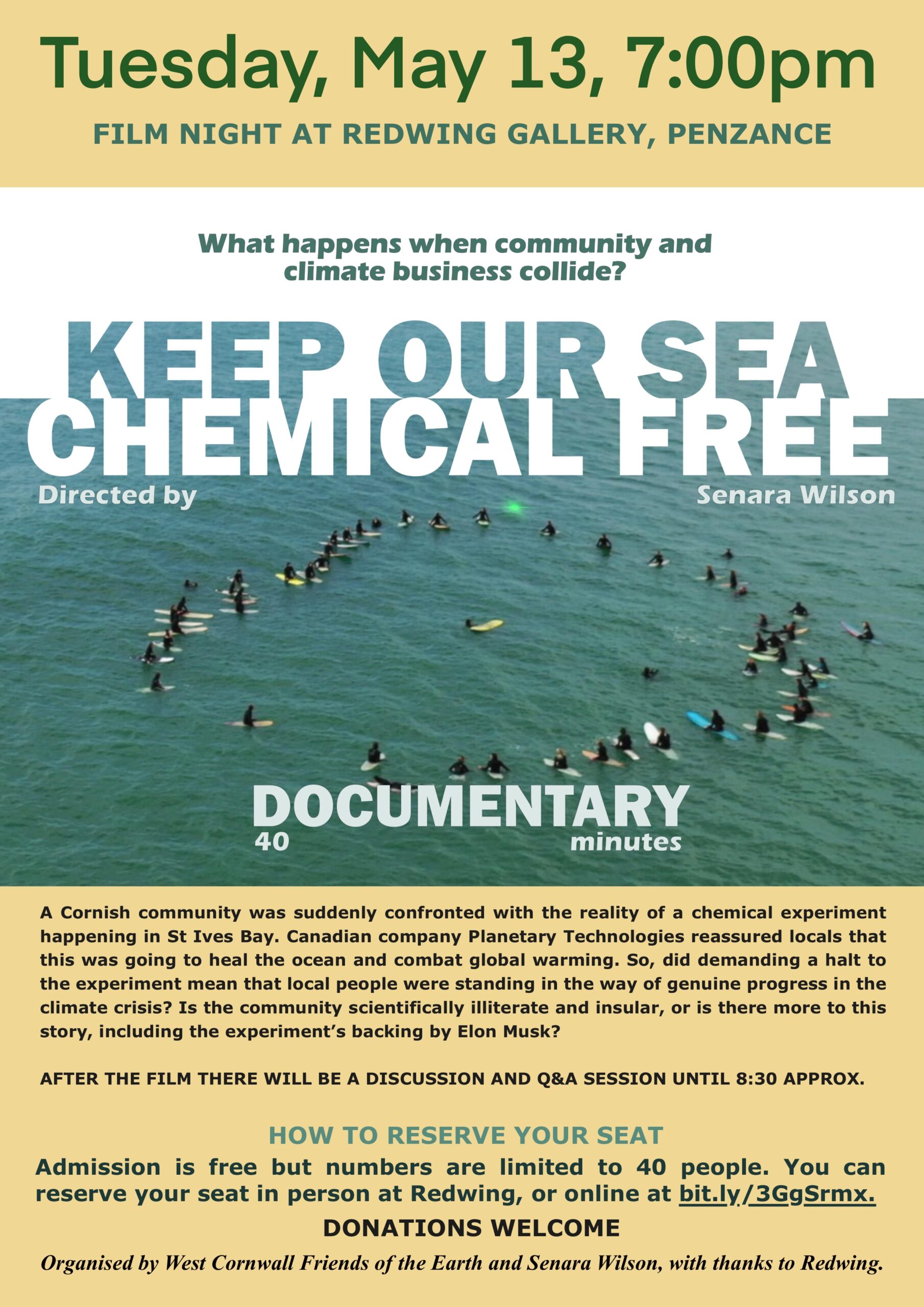 Poster for Keep Our Sea Chemical Free film screening on May 13th at Redwing.